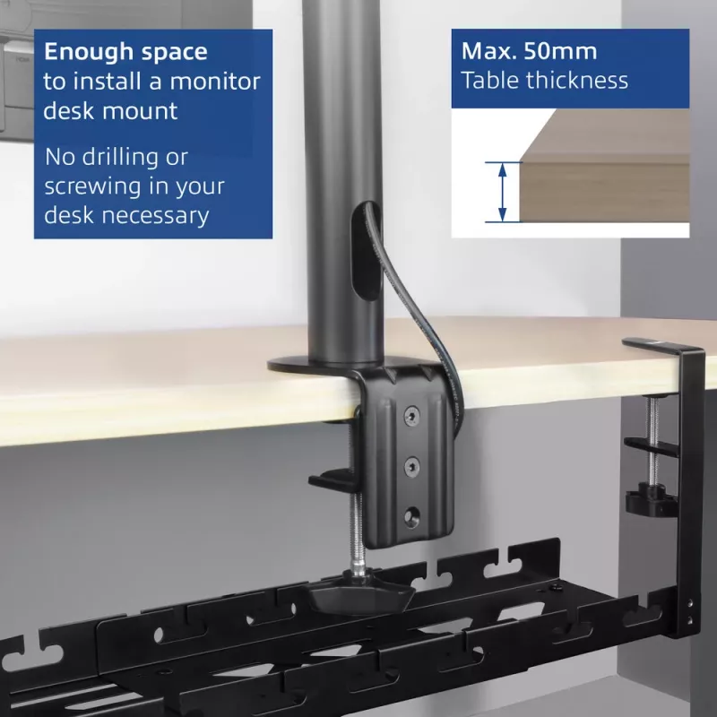 Under-desk extendable cable management tray ACT 43–72 cm clamp mount, steel, 728×130×190 mm, 5 kg
