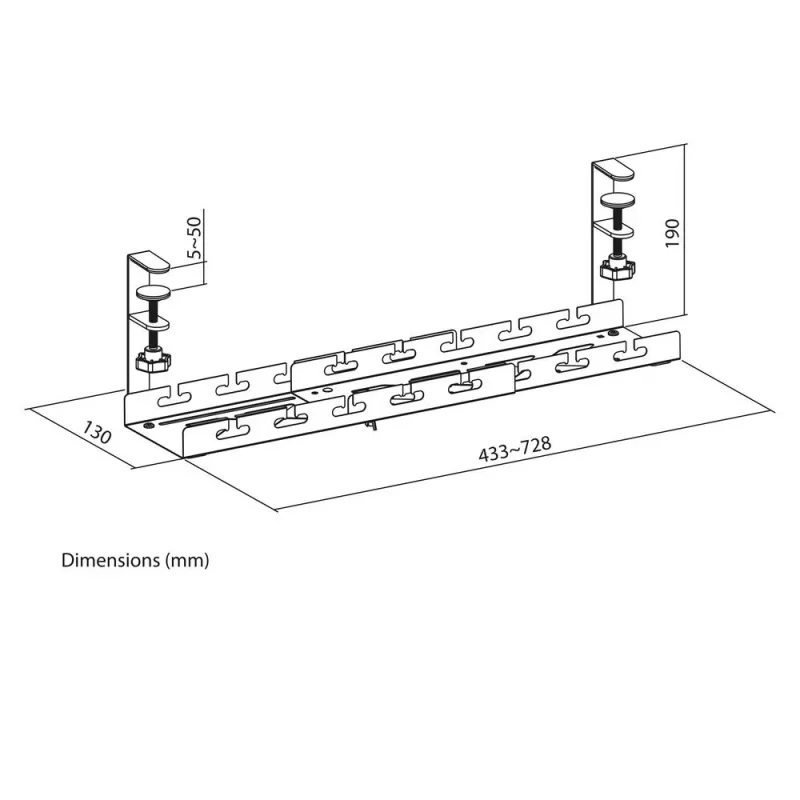 Under-desk extendable cable management tray ACT 43–72 cm clamp mount, steel, 728×130×190 mm, 5 kg