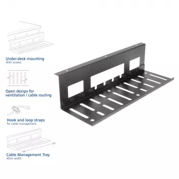 Under-desk cable management tray ACT 40 cm steel, straight, 3 kg capacity (W400×D140×H100 mm)