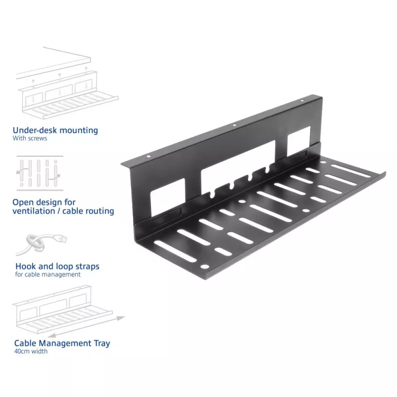 Under-desk cable management tray ACT 40 cm steel, straight, 3 kg capacity (W400×D140×H100 mm)