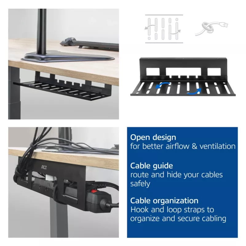 Under-desk cable management tray ACT 40 cm steel, straight, 3 kg capacity (W400×D140×H100 mm)