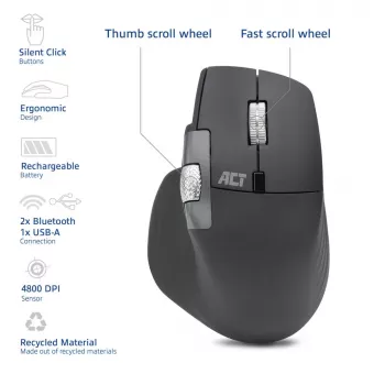 ACT AC5147 wireless laser mouse — right-hand, RF + Bluetooth, 4800 DPI, 6 buttons, grey