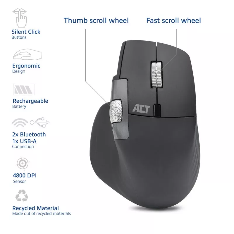 ACT AC5147 wireless laser mouse — right-hand, RF + Bluetooth, 4800 DPI, 6 buttons, grey