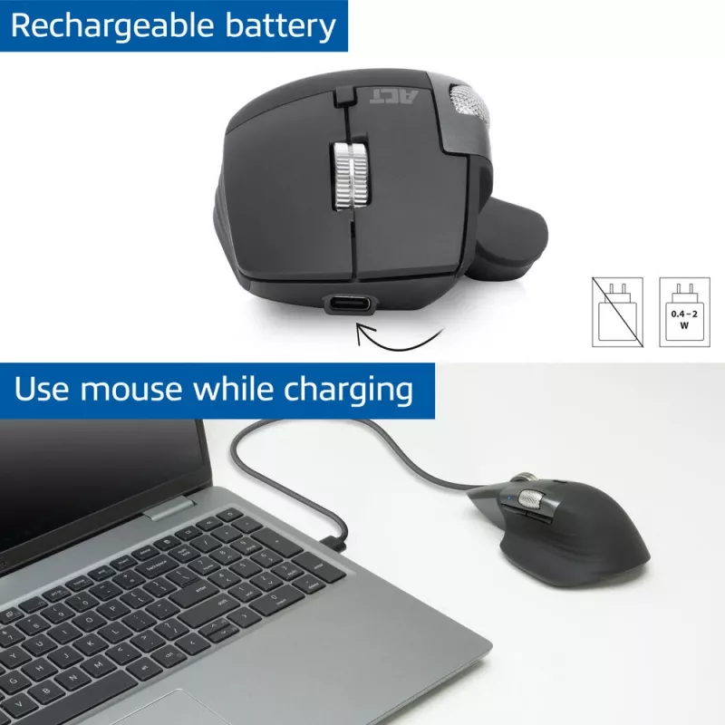 ACT AC5147 wireless laser mouse — right-hand, RF + Bluetooth, 4800 DPI, 6 buttons, grey