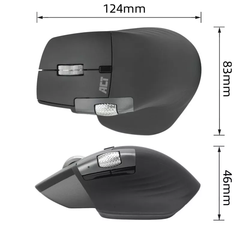 ACT AC5147 wireless laser mouse — right-hand, RF + Bluetooth, 4800 DPI, 6 buttons, grey