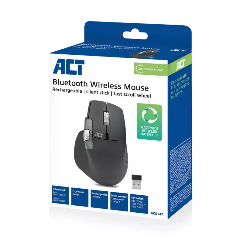 ACT AC5147 wireless laser mouse — right-hand, RF + Bluetooth, 4800 DPI, 6 buttons, grey