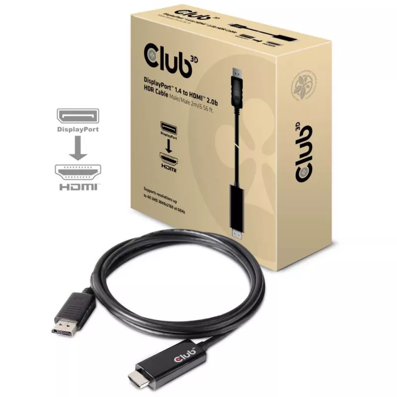 CLUB3D DisplayPort 1.4 to HDMI 2.0b HDR Cable Male/Male 2m/6.56 ft.