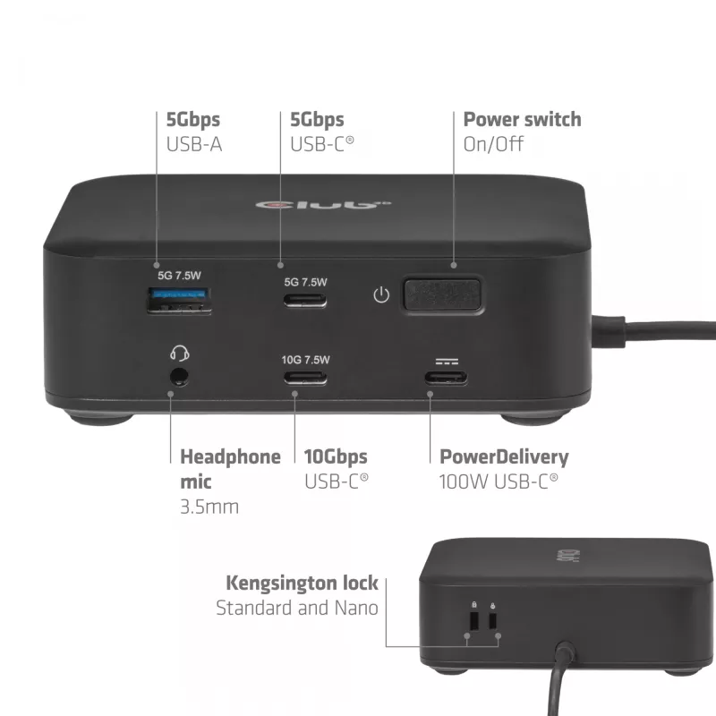 USB-C Quad DisplayLink Docking Station CLUB 3D CSV-2542 — 2× DisplayPort 8K60Hz, 2× HDMI 4K60Hz, PD 100W, 2.5G Ethernet
