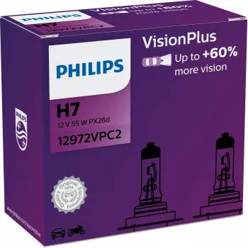 Philips VisionPlus 12972VPC2 Greater safety and comfort, 55 W, 12 V, H7, Halogen, 2 pc(s)