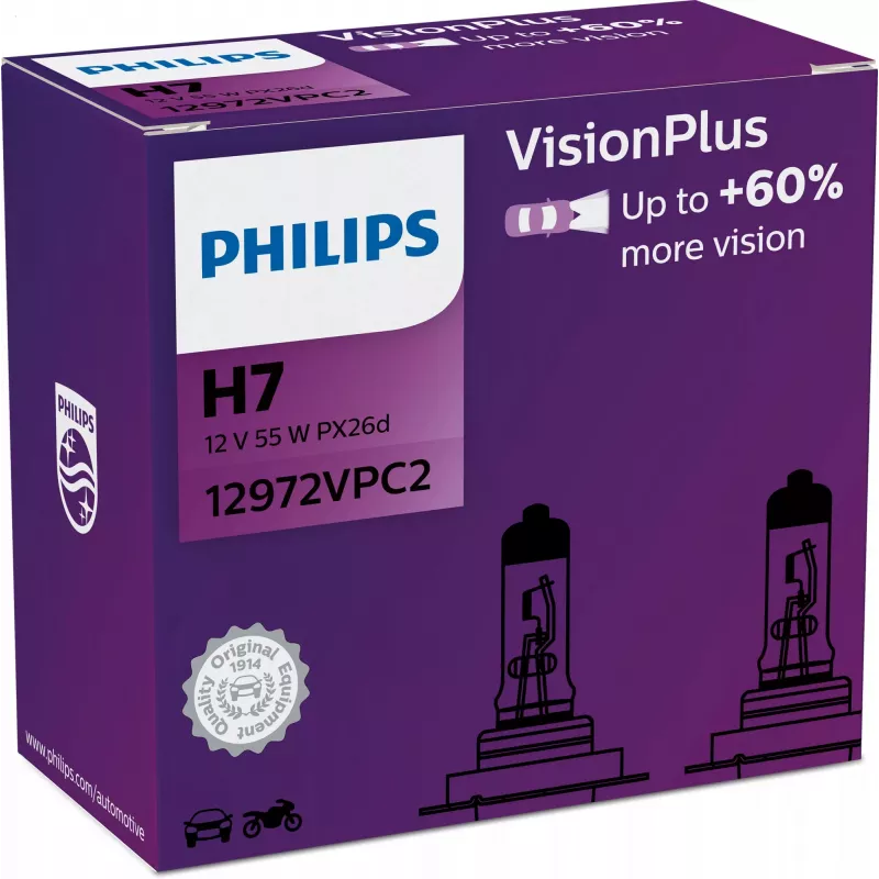 Philips VisionPlus 12972VPC2 Greater safety and comfort, 55 W, 12 V, H7, Halogen, 2 pc(s)