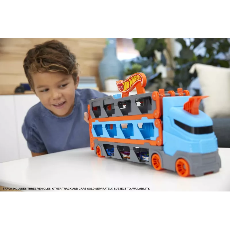 Hot Wheels City Speedway Hauler Carrier with 3 Toy Cars, Vehicle set, 4 yr(s), Plastic, Grey, Multicolour