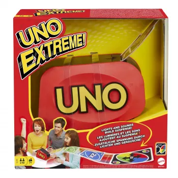 Games UNO Extreme is the updated version of the classic family card game, featuring lights, sounds and a random-action launcher Great gift for ages 7+.