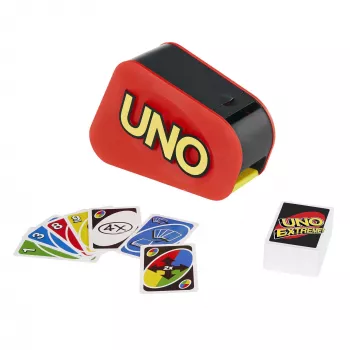 Games UNO Extreme is the updated version of the classic family card game, featuring lights, sounds and a random-action launcher Great gift for ages 7+.