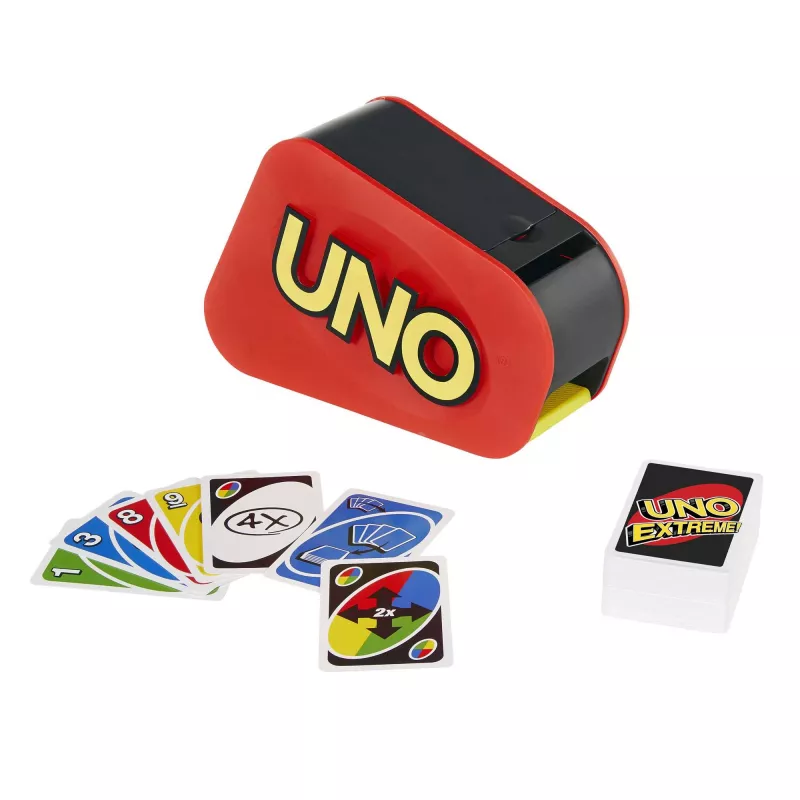 Games UNO Extreme is the updated version of the classic family card game, featuring lights, sounds and a random-action launcher Great gift for ages 7+.