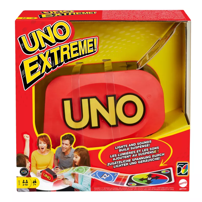 Games UNO Extreme is the updated version of the classic family card game, featuring lights, sounds and a random-action launcher Great gift for ages 7+.