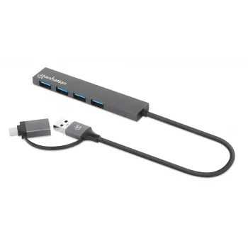 Manhattan USB-C & USB-A Combo Dock/Hub, Ports (4): USB-A (x4), 5 Gbps (USB 3.2 Gen1 aka USB 3.0), USB powered (no external power supply required), Cable 25cm
