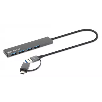 Manhattan USB-C & USB-A Combo Dock/Hub, Ports (4): USB-A (x4), 5 Gbps (USB 3.2 Gen1 aka USB 3.0), USB powered (no external power supply required), Cable 25cm