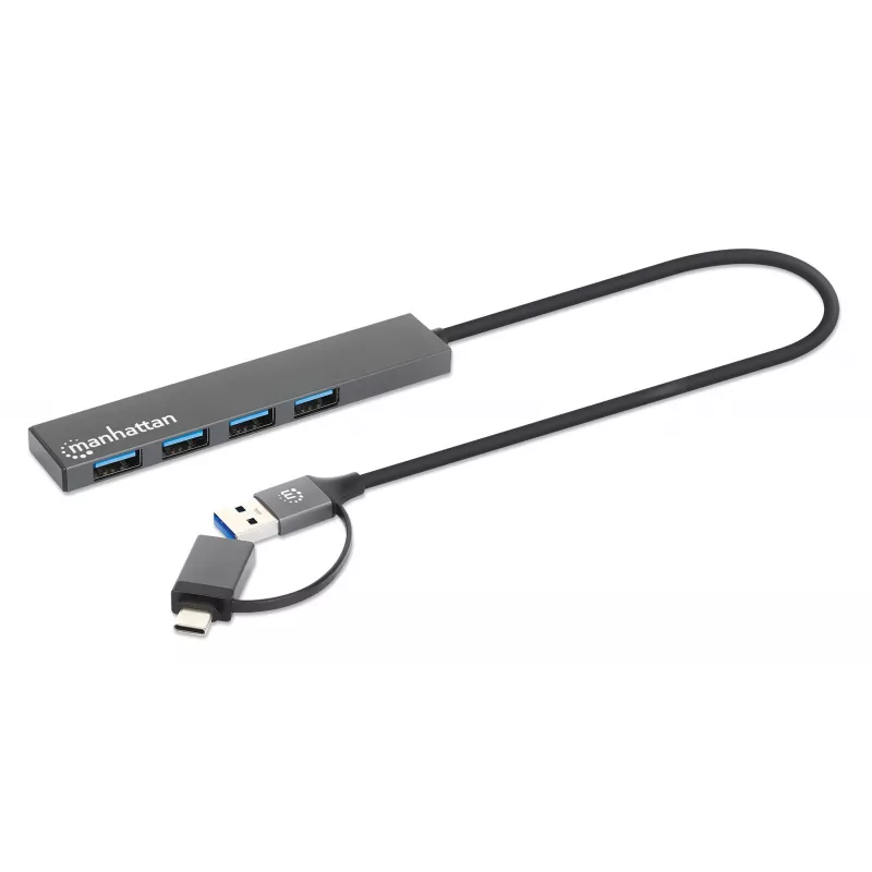 Manhattan USB-C & USB-A Combo Dock/Hub, Ports (4): USB-A (x4), 5 Gbps (USB 3.2 Gen1 aka USB 3.0), USB powered (no external power supply required), Cable 25cm