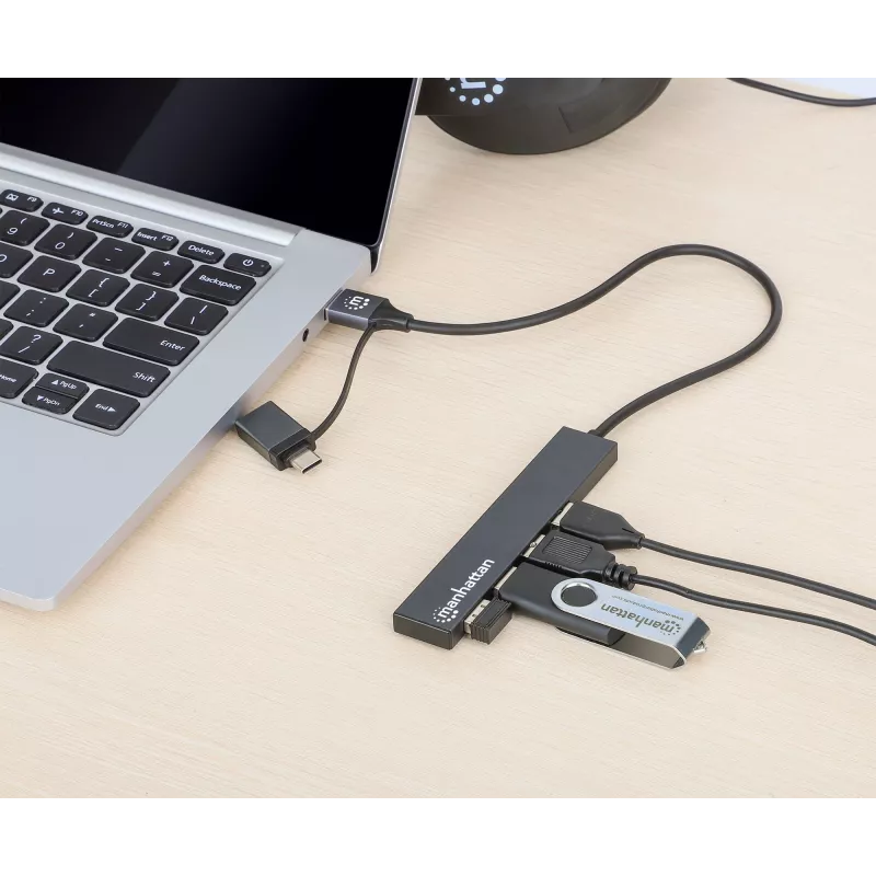 Manhattan USB-C & USB-A Combo Dock/Hub, Ports (4): USB-A (x4), 5 Gbps (USB 3.2 Gen1 aka USB 3.0), USB powered (no external power supply required), Cable 25cm