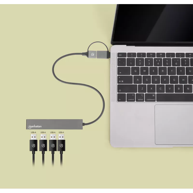 Manhattan USB-C & USB-A Combo Dock/Hub, Ports (4): USB-A (x4), 5 Gbps (USB 3.2 Gen1 aka USB 3.0), USB powered (no external power supply required), Cable 25cm