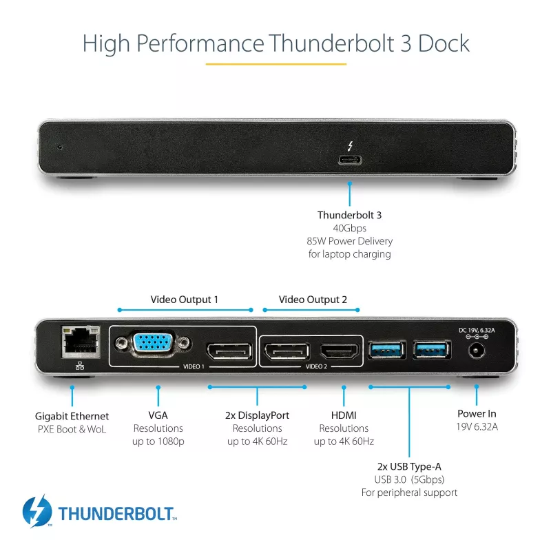StarTech.com Thunderbolt 3 Dock - Dual 4K 60Hz Monitor TB3 Laptop Docking Station with DisplayPort, HDMI & 1080p VGA - 85W Power Delivery & Charging - 2x USB-A, Ethernet - Mac & Windows