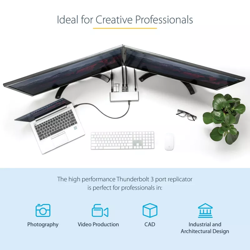 StarTech.com Thunderbolt 3 Dock - Dual 4K 60Hz Monitor TB3 Laptop Docking Station with DisplayPort, HDMI & 1080p VGA - 85W Power Delivery & Charging - 2x USB-A, Ethernet - Mac & Windows
