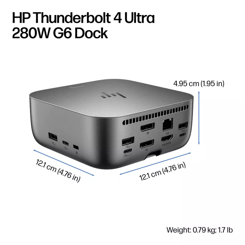 HP Thunderbolt 4 Ultra 280W G6 Dock, Wired, Thunderbolt 4, 280 W, 10,100,1000,2500 Mbit/s, Grey, 8K Ultra HD