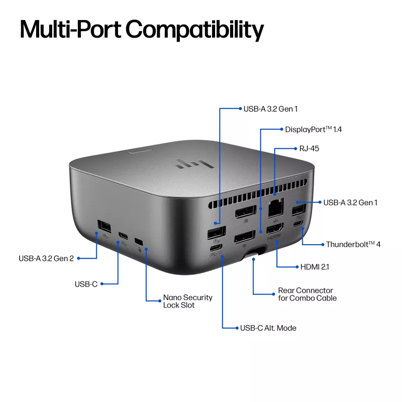 HP Thunderbolt 4 Ultra 280W G6 Dock, Wired, Thunderbolt 4, 280 W, 10,100,1000,2500 Mbit/s, Grey, 8K Ultra HD