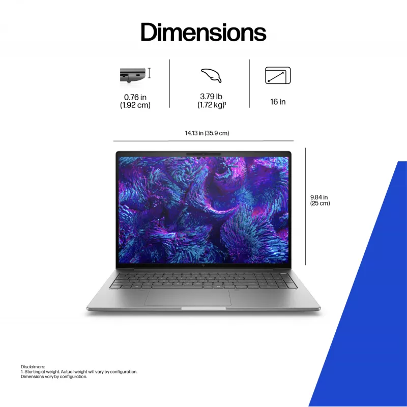 HP ZBook 8 G1i 16 inch Mobile Workstation, Intel Core Ultra 7 255H, 32GB, 1TB SSD, NVIDIA RTX 500 Ada 4GB, Windows 11 Pro