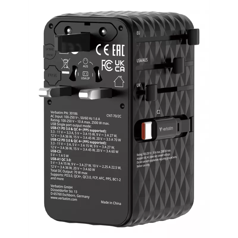 Verbatim Charge 'n' Travel 70W 2C retractable Universal Travel Adapter Black