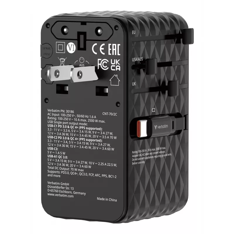Verbatim Charge 'n' Travel 70W 2C retractable Universal Travel Adapter Black