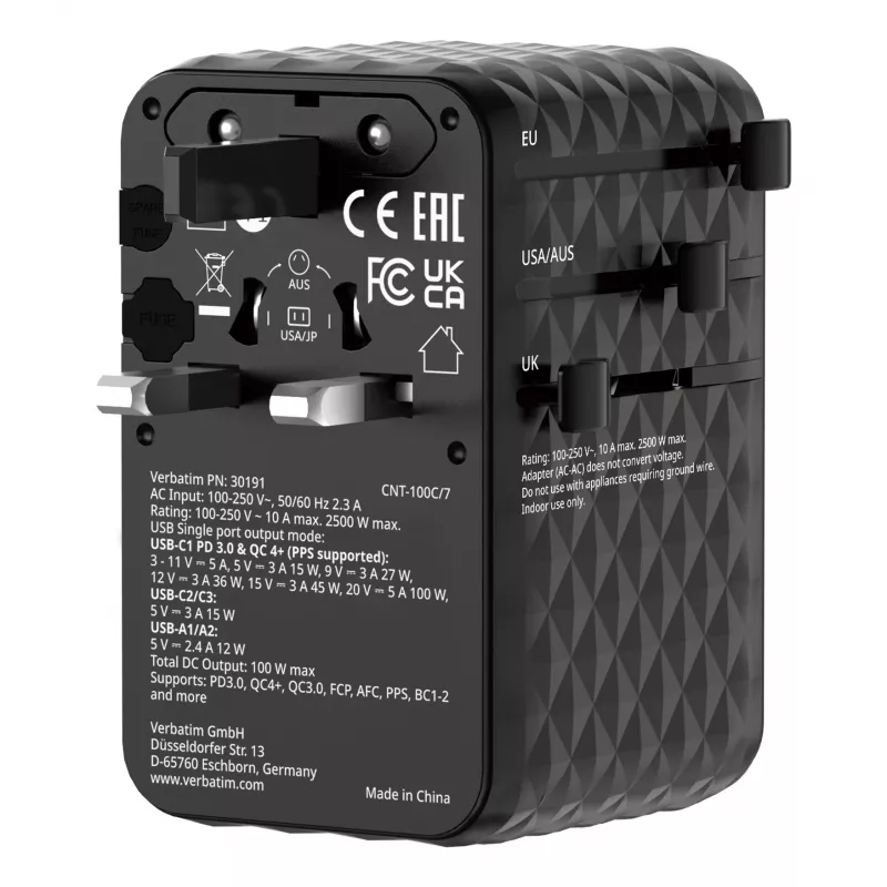 Verbatim Charge 'n' Travel 100W Universal Travel Adapter with retractable cable Black
