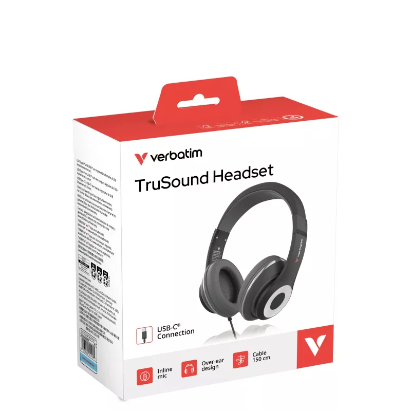 Verbatim TruSound USB-C Headset, Wired, Music/Everyday, 20 - 20000 Hz, 200.9 g, Headset, Black
