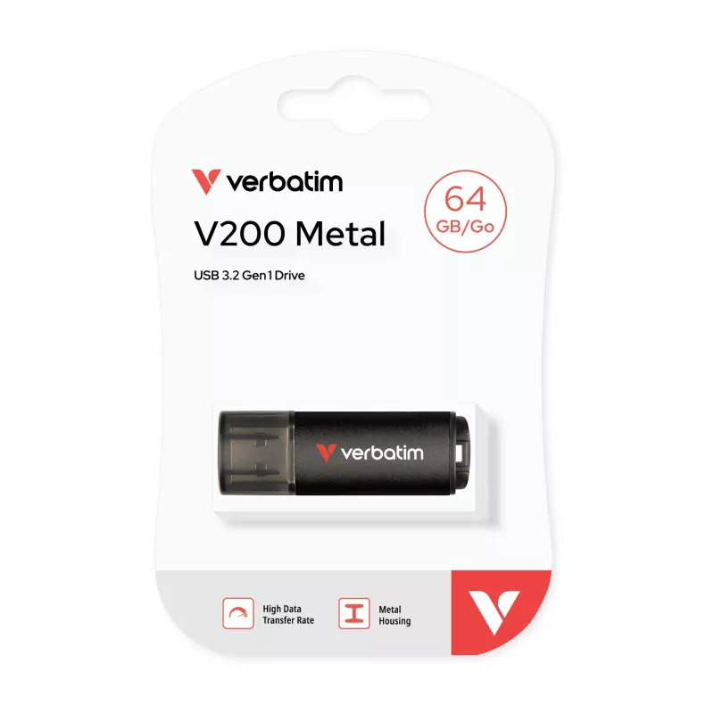 Verbatim V200 Metal USB Drive 64GB, 64 GB, USB Type-A, 3.2 Gen 1 (3.1 Gen 1), 200 MB/s, Cap, Black