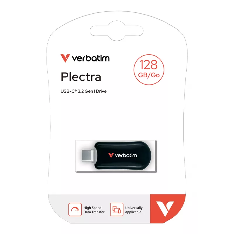 Verbatim Plectra USB-C Flash Drive Black 128GB, 128 GB, USB Type-C, 3.2 Gen 1 (3.1 Gen 1), 100 MB/s, Capless, Black