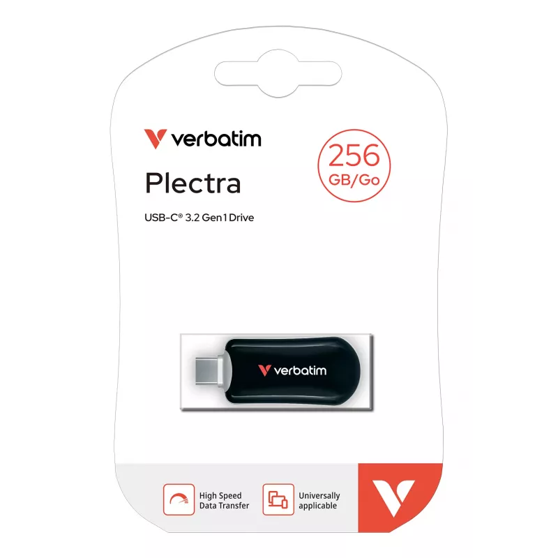 Verbatim Plectra USB-C Flash Drive Black 256GB, 256 GB, USB Type-C, 3.2 Gen 1 (3.1 Gen 1), 100 MB/s, Capless, Black
