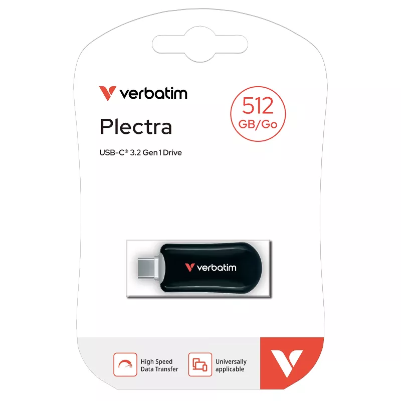 Verbatim Plectra USB-C Flash Drive Black 512GB, 512 GB, USB Type-C, 3.2 Gen 1 (3.1 Gen 1), 100 MB/s, Capless, Black
