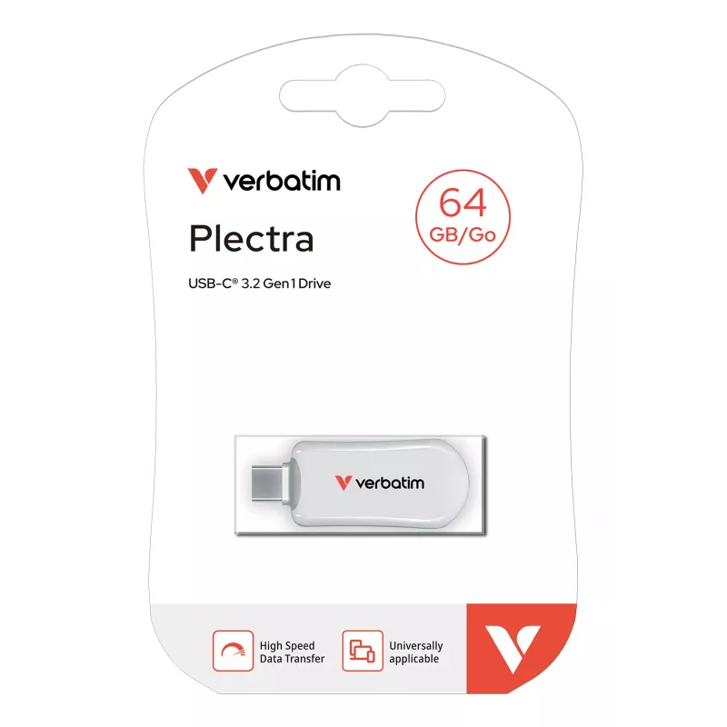 Verbatim Plectra USB-C Flash Drive White 64GB, 64 GB, USB Type-C, 3.2 Gen 1 (3.1 Gen 1), 100 MB/s, Capless, White