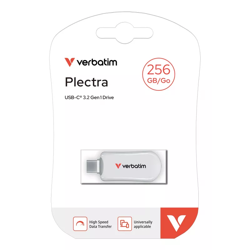 Verbatim Plectra USB-C Flash Drive White 256GB, 256 GB, USB Type-C, 3.2 Gen 1 (3.1 Gen 1), 100 MB/s, Capless, White