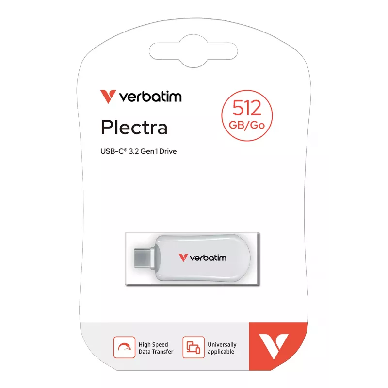 Verbatim Plectra USB-C Flash Drive White 512GB, 512 GB, USB Type-C, 3.2 Gen 1 (3.1 Gen 1), 100 MB/s, Capless, White