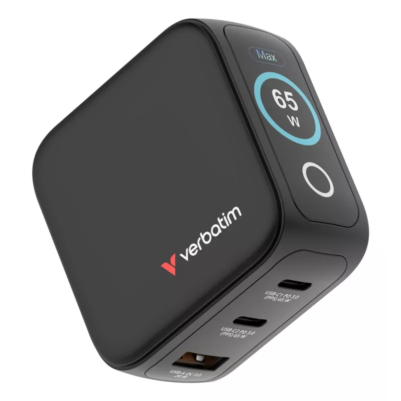 Verbatim Mini GaN Charger 65W with Display, Indoor, AC, 20 V, Black