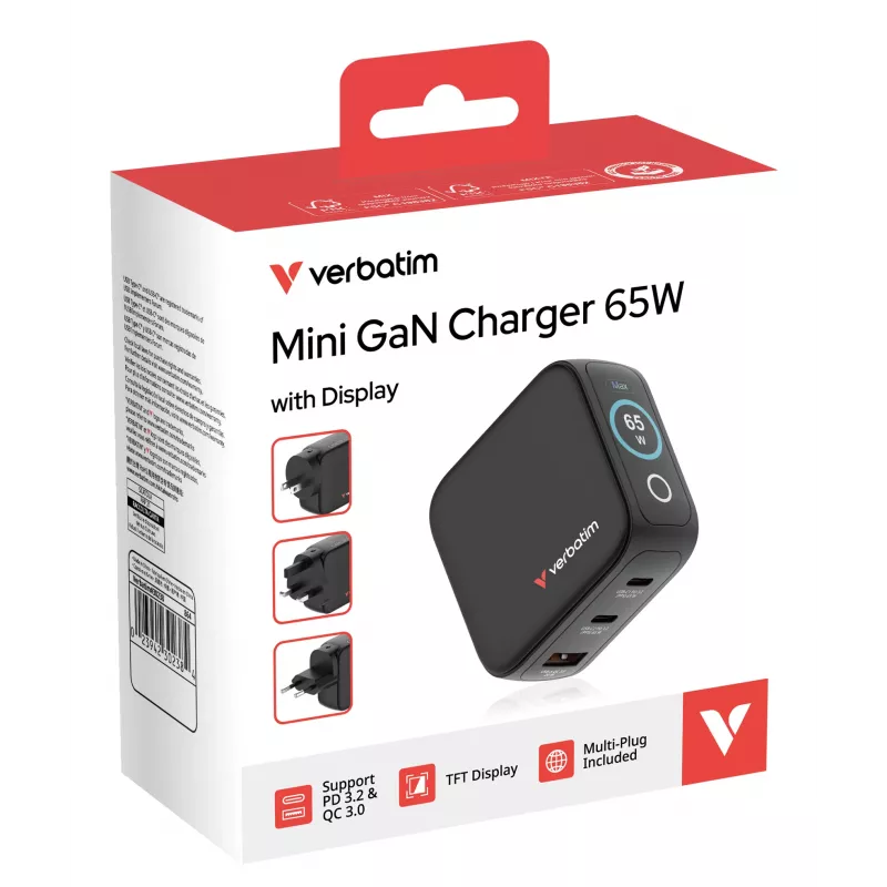 Verbatim Mini GaN Charger 65W with Display, Indoor, AC, 20 V, Black