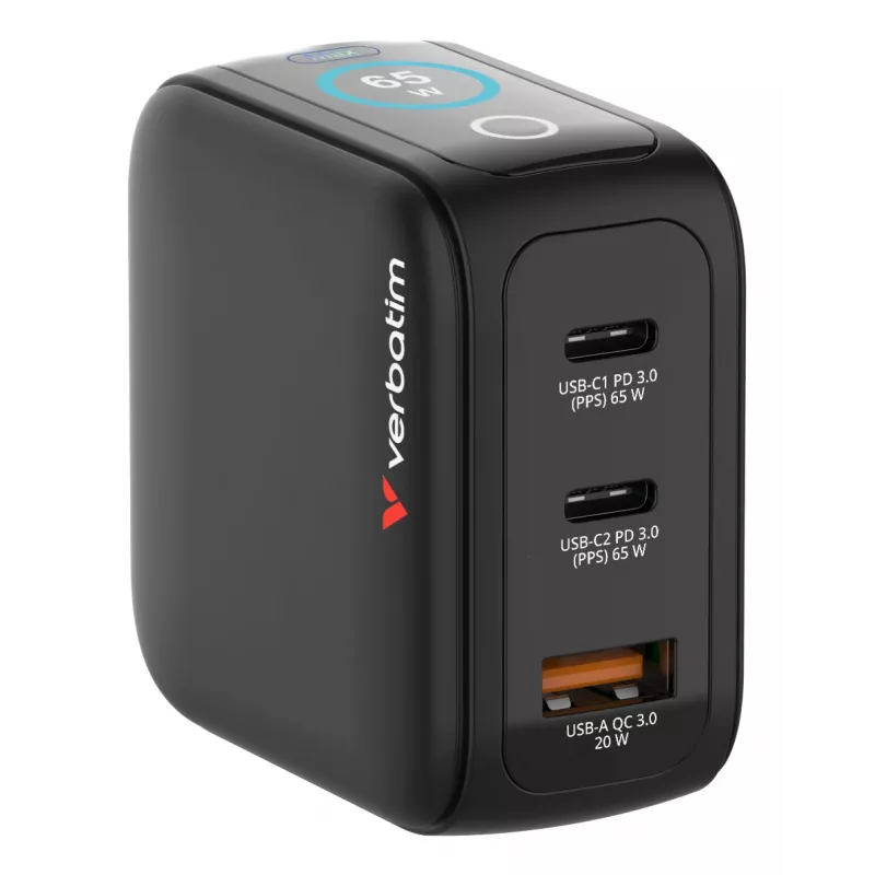 Verbatim Mini GaN Charger 65W with Display, Indoor, AC, 20 V, Black