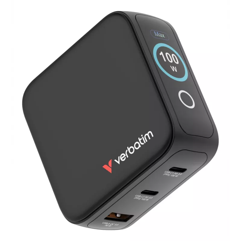 Verbatim Mini GaN Charger 100W with Display, Indoor, AC, 20 V, Black
