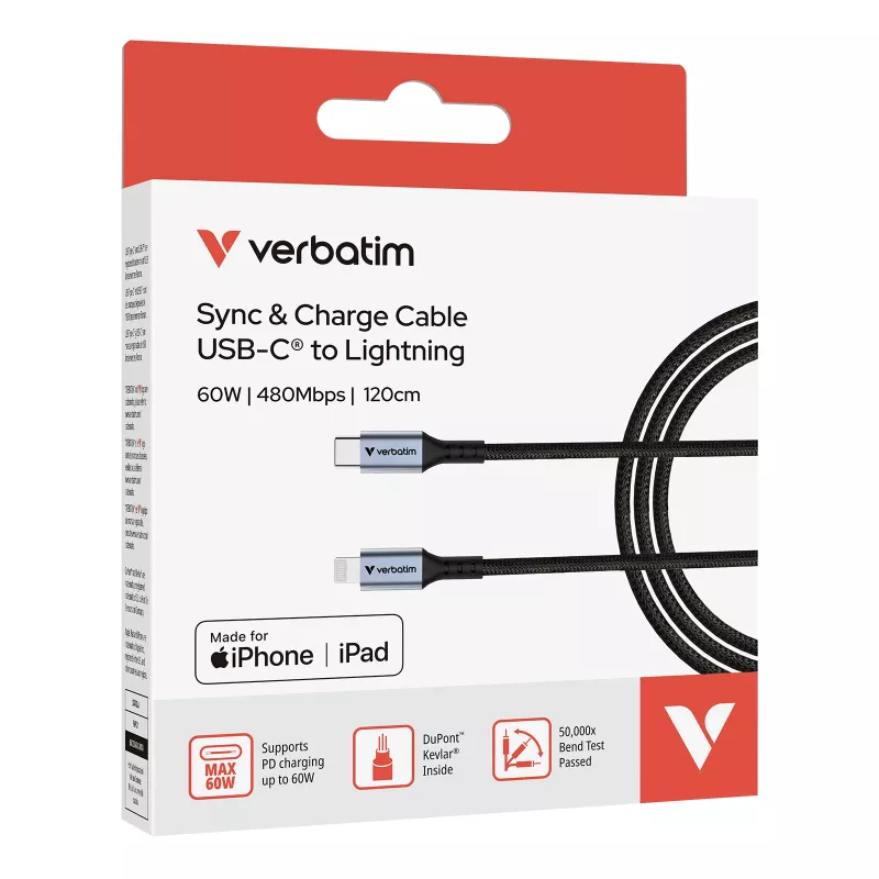 Verbatim Sync & Charge Cable USB-C to Lightning 120 cm, 1.2 m, Lightning, USB C, Male, Male, Black