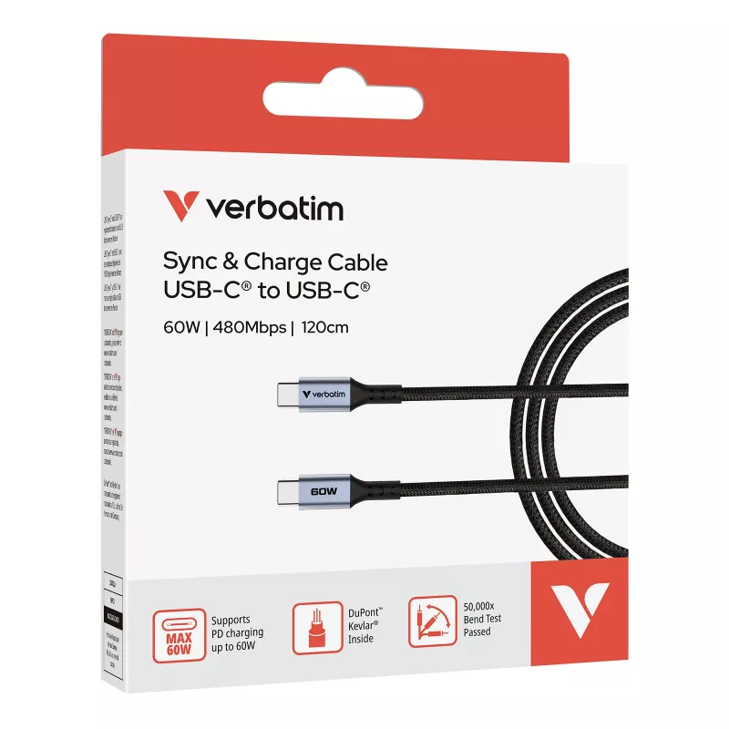 Verbatim Sync & Charge Cable - 60W USB-C to USB-C 120 cm, 1.2 m, USB C, USB C, USB 2.0, 0.48 Gbit/s, Black