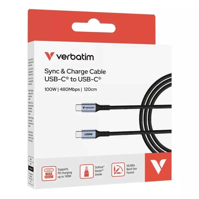 Verbatim Sync & Charge Cable - 100W USB-C to USB-C 120 cm, 1.2 m, USB C, USB C, USB 2.0, 0.48 Gbit/s, Black