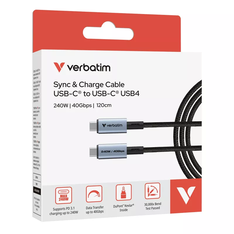 Verbatim Sync & Charge USB C to USB C 240W 40 Gbps 120 cm, 1.2 m, USB C, USB C, USB4 Gen 2x2, 40 Gbit/s, Black