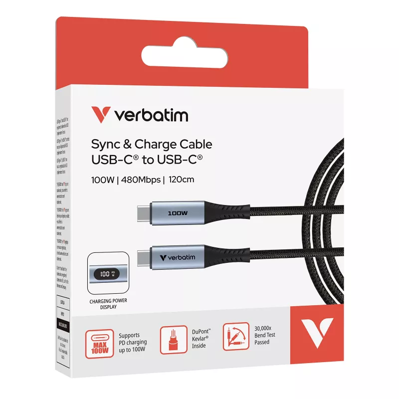 Verbatim Sync & Charge USB C to USB C 100W Display 120 cm, 1.2 m, USB C, USB C, USB 2.0, 0.48 Gbit/s, Black