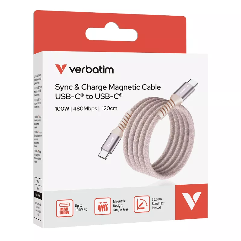 Verbatim Sync & Charge Magnetic Cable - 100W USB-C to USB-C 120 cm Pink